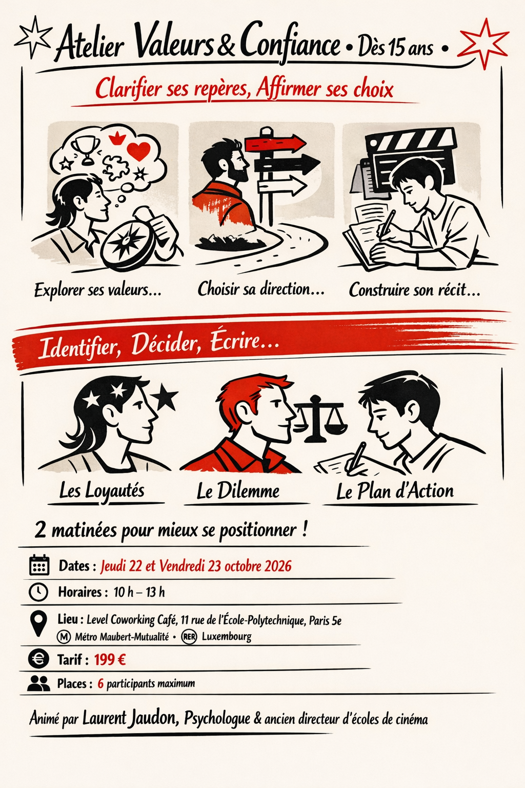 Atelier cinéma pour adolescents dès 15 ans à Paris 5e. Clarifier ses valeurs, explorer les dilemmes moraux, se positionner. 2 matinées, 6 participants max, 199 €. Animé par Laurent Jaudon, psychologue.