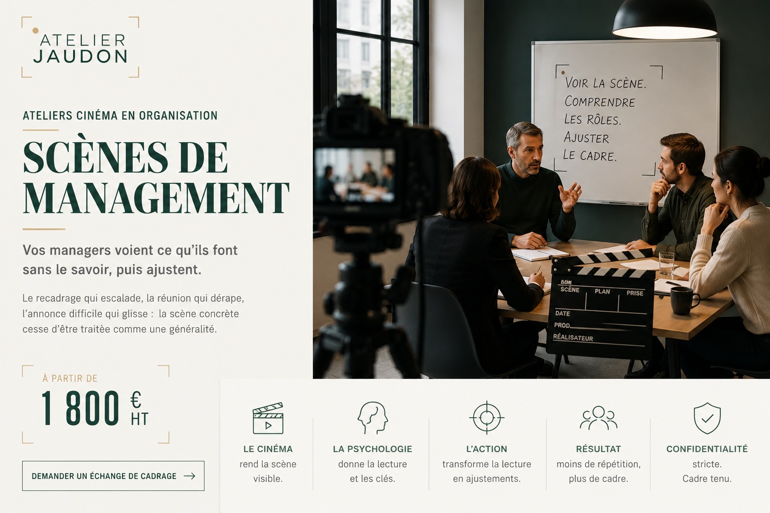 Ateliers cinéma en organisation pour managers, scènes de management, recadrage, réunion difficile et annonce sensible.