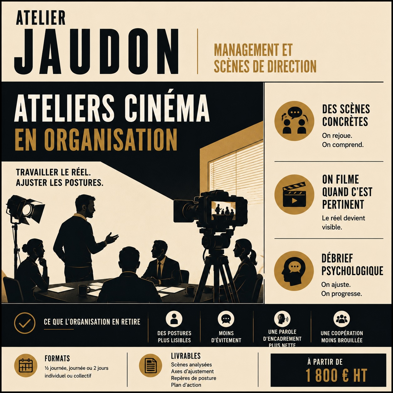 Ateliers cinéma en organisation pour travailler des scènes de management, filmer les situations réelles et ajuster les postures professionnelles.