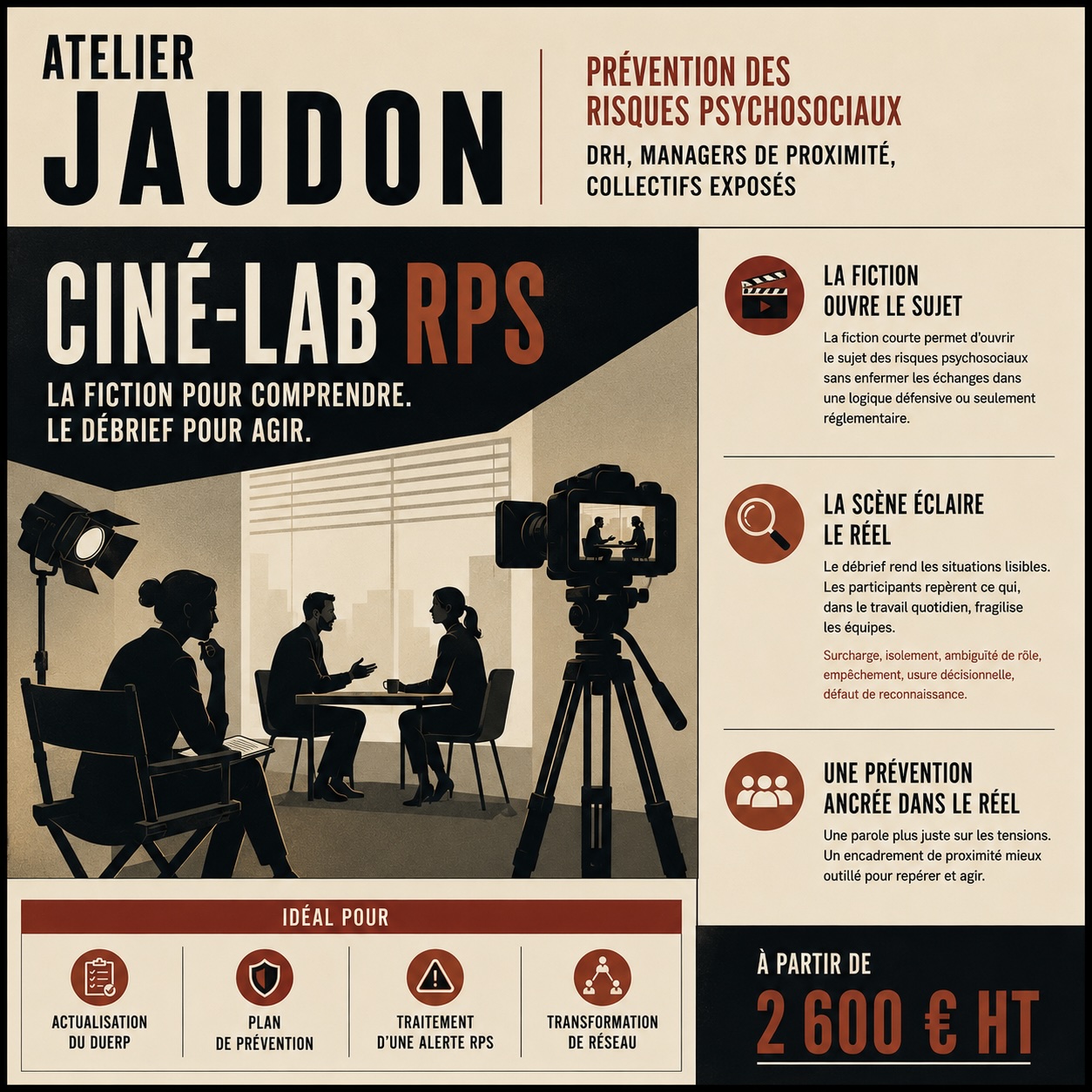 Affiche Ciné-Lab RPS Atelier Jaudon sur la prévention des risques psychosociaux par la fiction courte, la scène filmée et le débrief psychologique.