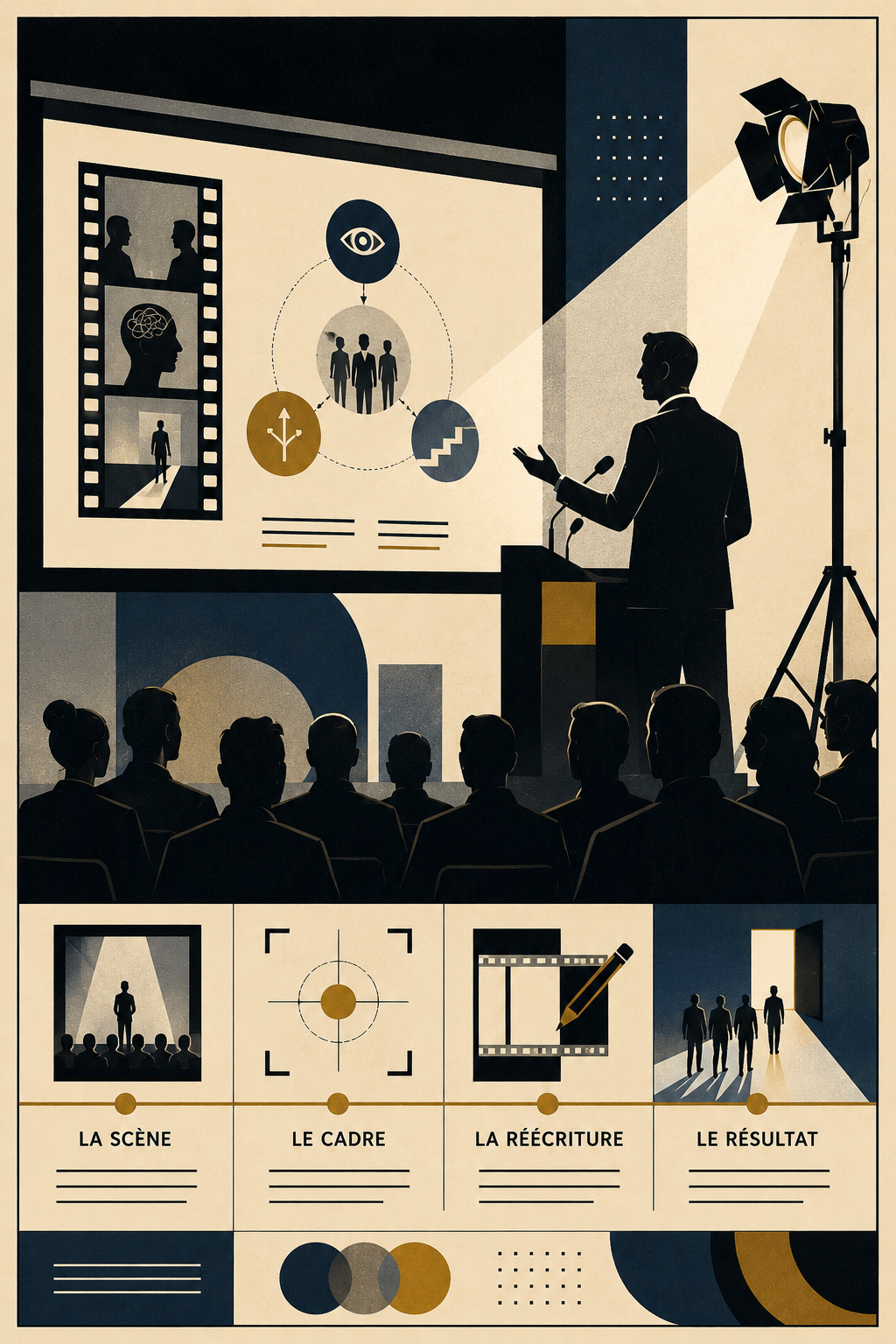 Affiche éditoriale Atelier Jaudon montrant une conférence sur le cinéma et la psychologie humaine, avec orateur, public, écran de projection et signes de cadrage.