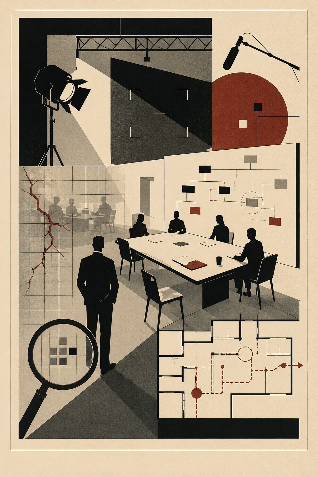 Affiche éditoriale Atelier Jaudon montrant une organisation en crise lue comme une scène de cinéma, avec table de réunion, lignes de tension et cadre de diagnostic.