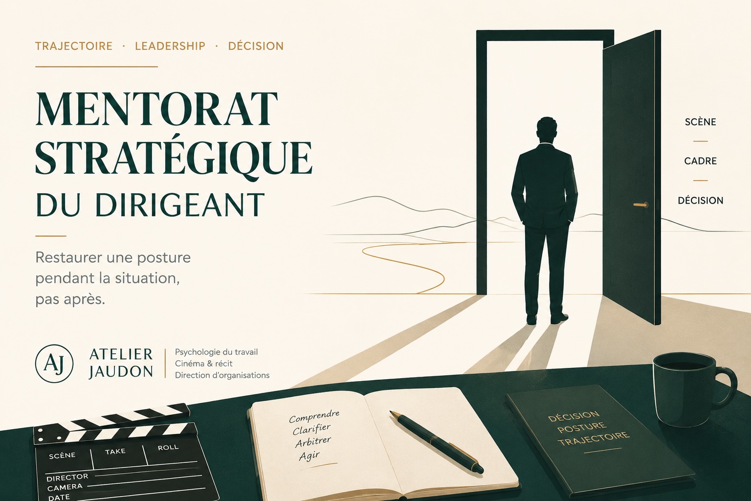 Mentorat stratégique du dirigeant, affiche Atelier Jaudon sur la décision, la posture et le leadership en situation sensible.