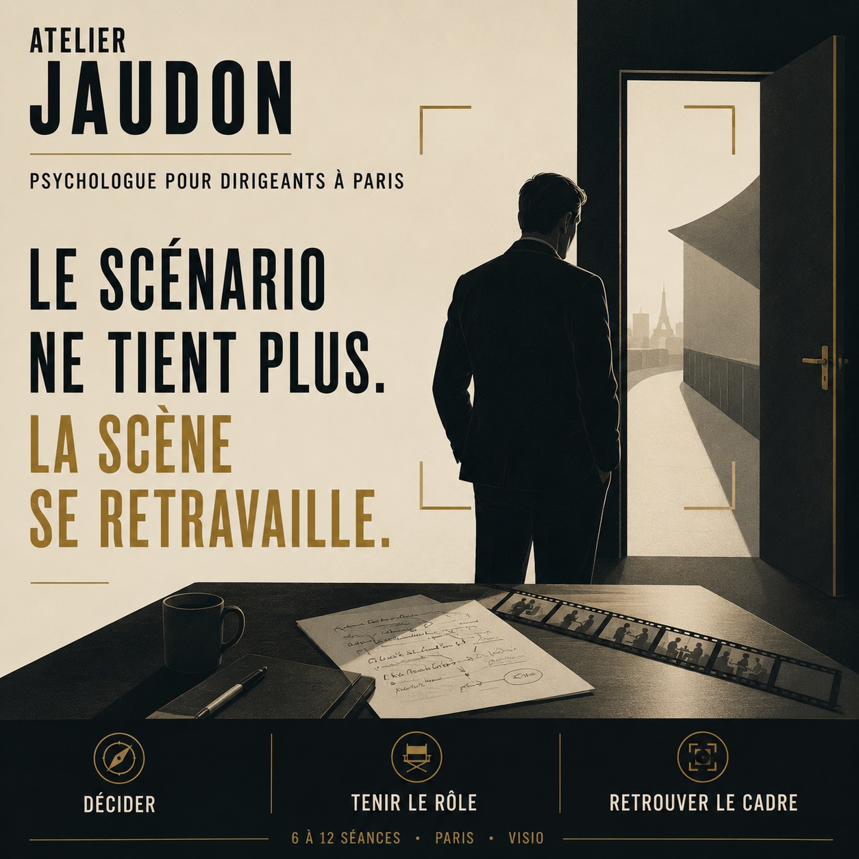Image éditoriale Atelier Jaudon psychologue pour dirigeants à Paris, avec dirigeant seul face à une porte ouverte, scène de décision et cadre clinique
