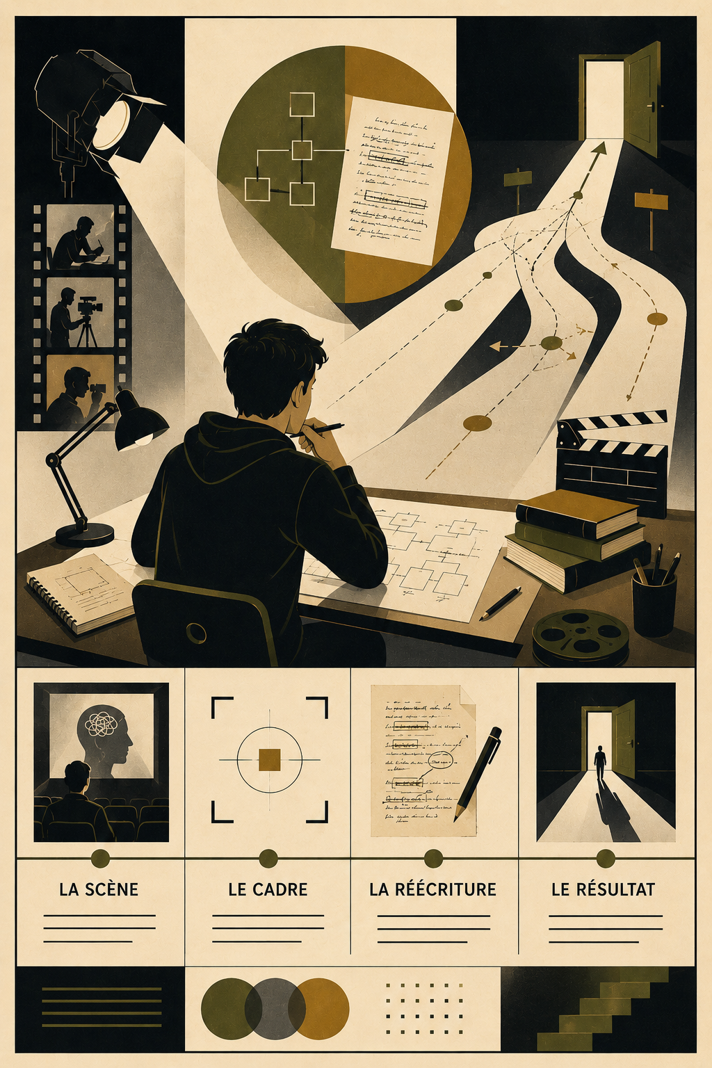Réécrire son orientation comme un scénario Affiche éditoriale Atelier Jaudon montrant un étudiant devant une table de travail, des chemins d’orientation, des pages de scénario et une porte ouverte.